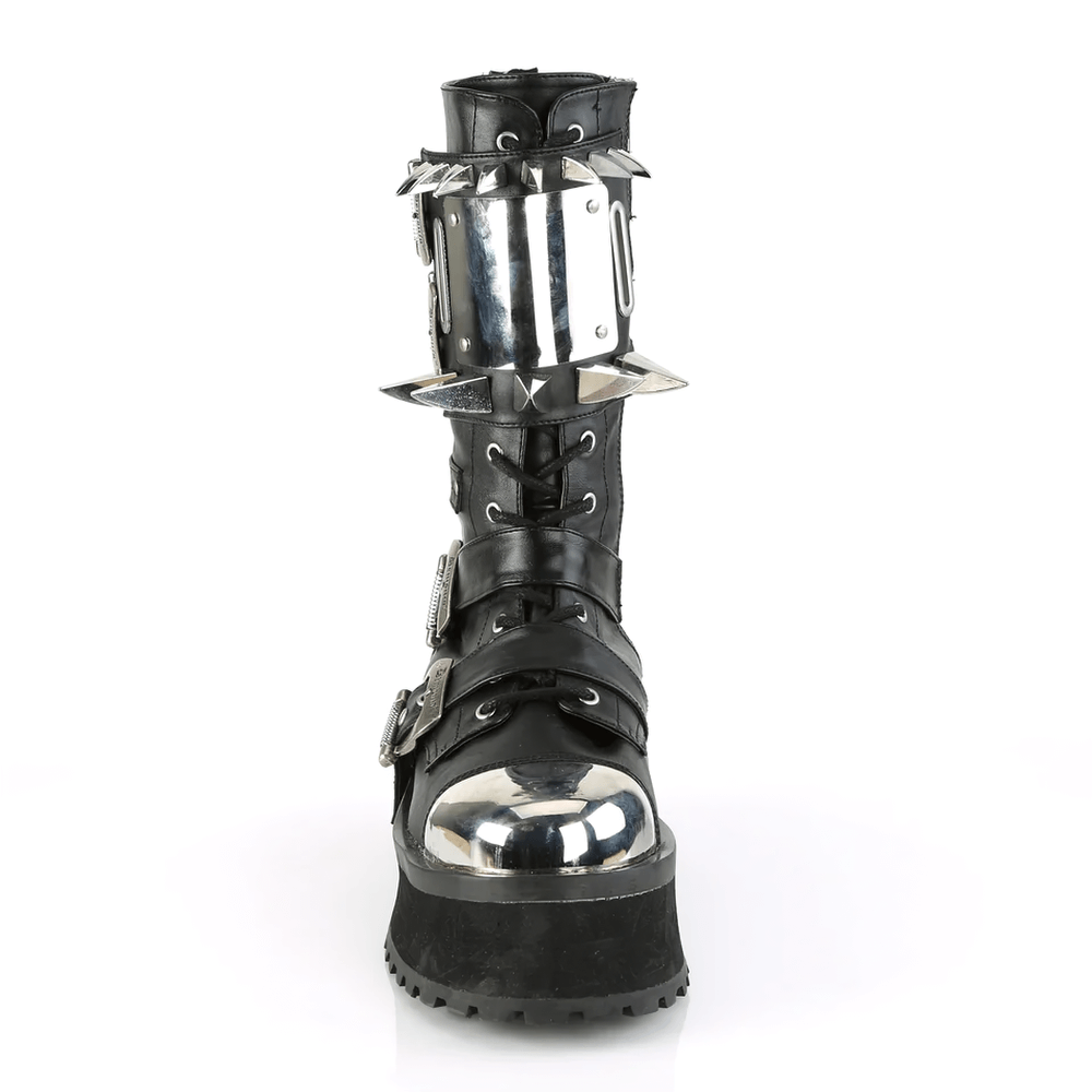 Demonia Chrome Claw Spike Mid-Calf Boots with buckles and metal toe cap for a bold rockstar look.