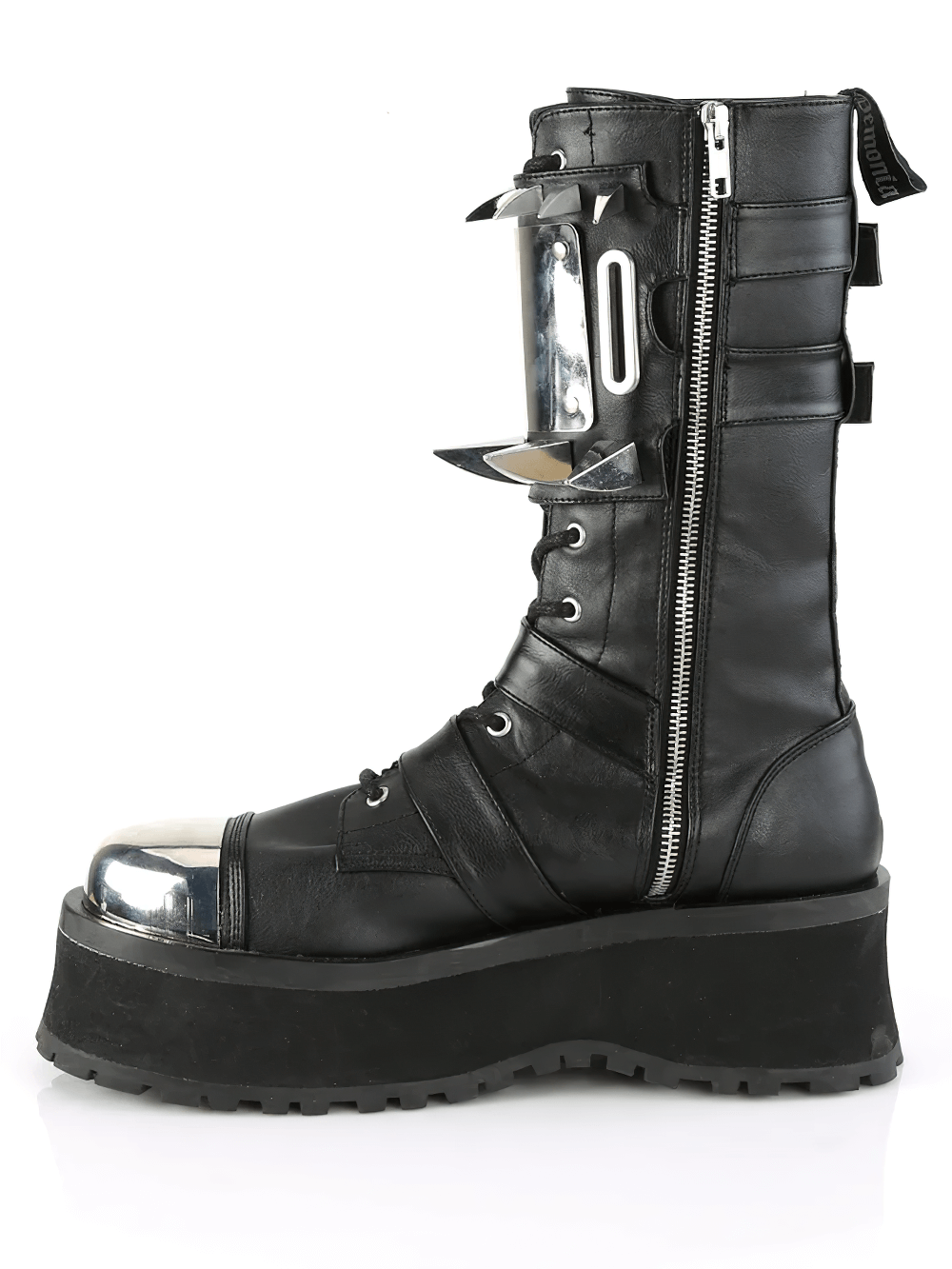 Demonia mid-calf boots with chrome toe cap and claw spikes, featuring a bold lace-up and buckle design.