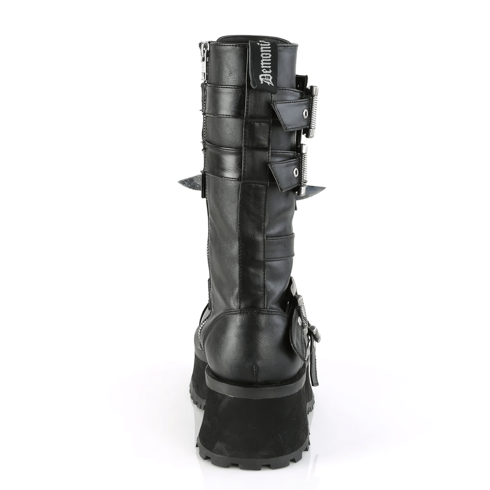 Back view of DEMONIA mid-calf boots with buckles and a chunky sole, showcasing sleek design and stylish details.