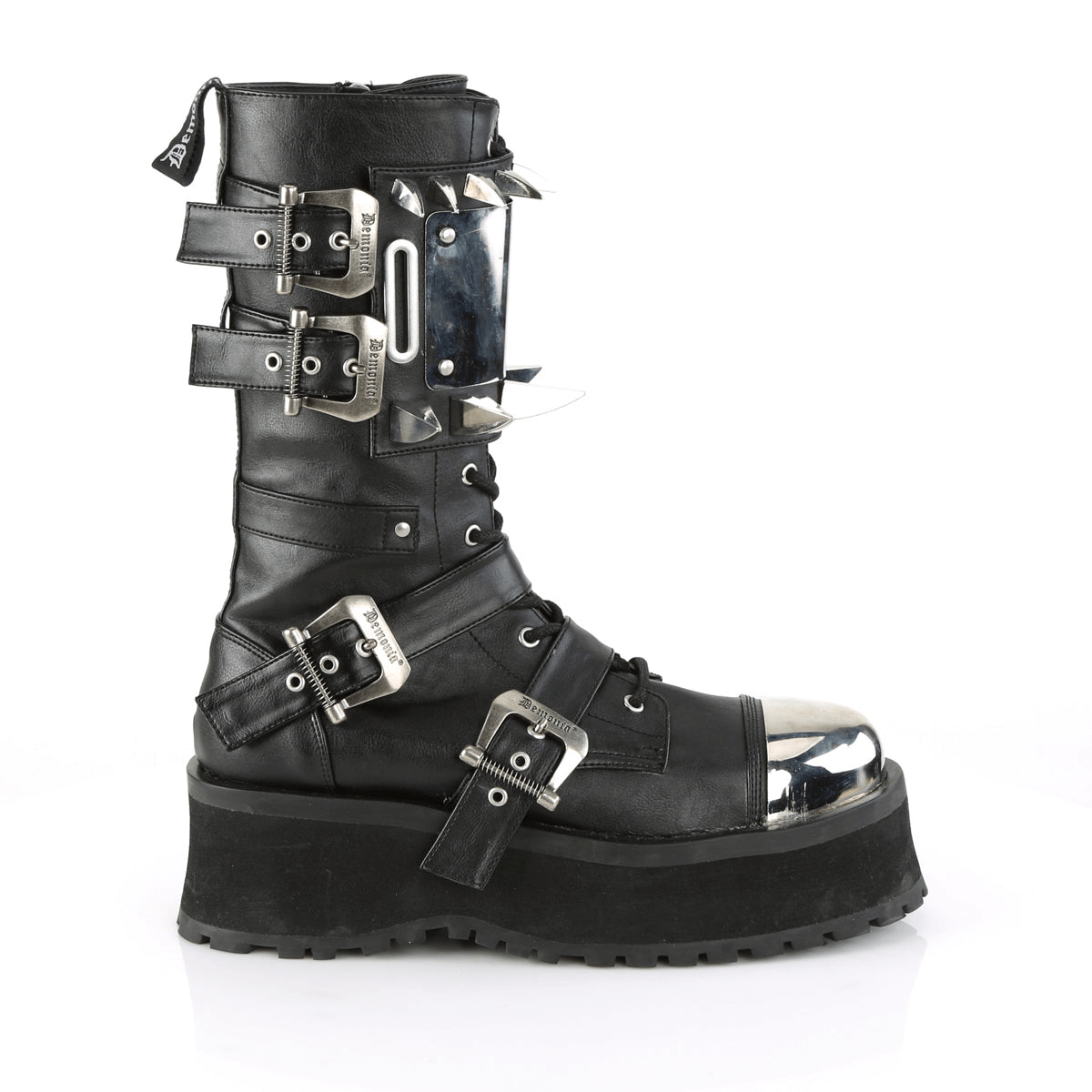 DEMONIA Chrome Claw Spike Mid-Calf Boots With Buckles