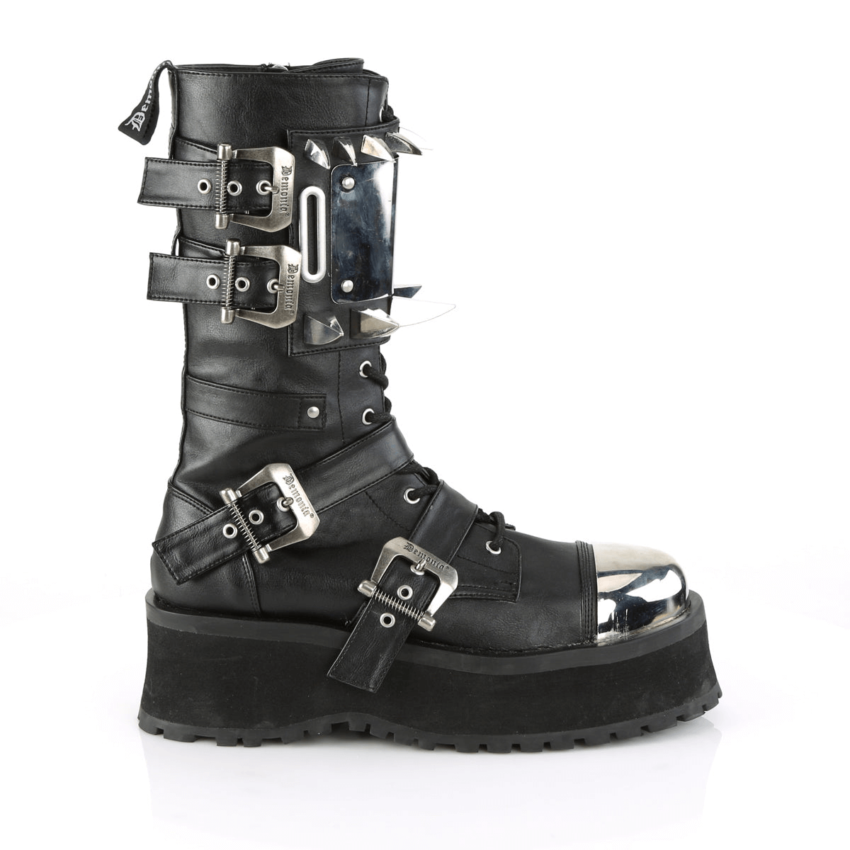 Demonia chrome claw spike mid-calf boots with buckles and metal toe cap, perfect for making a bold style statement.