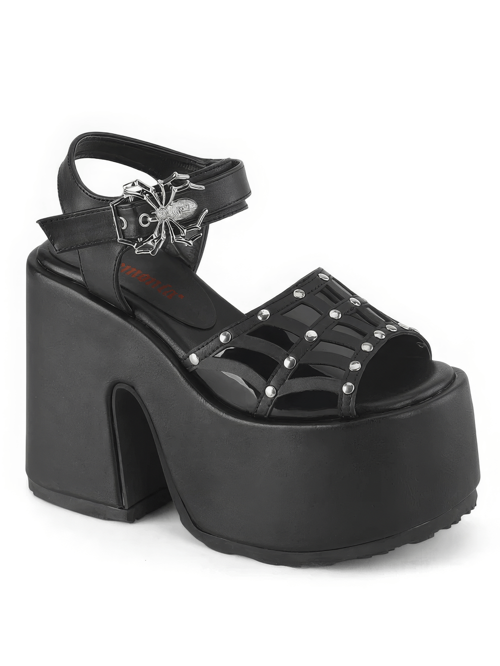 Black chunky heel sandals with spider buckle and silver studs, perfect gothic platform footwear.