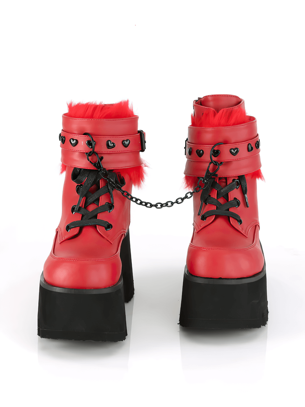 DEMONIA Chunky Heel Red Ankle Boots with Fur Lined Cuffs