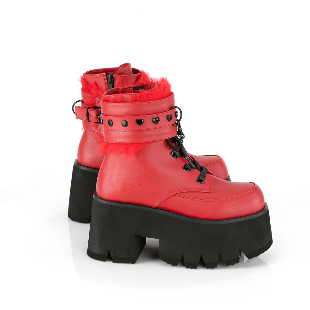 DEMONIA Chunky Heel Red Ankle Boots with Fur Lined Cuffs