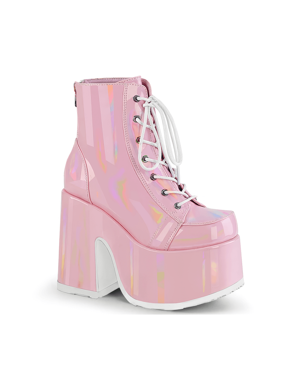 Luminous pink hologram ankle boots with chunky heel and lace-up design, perfect for adding flair to any outfit.