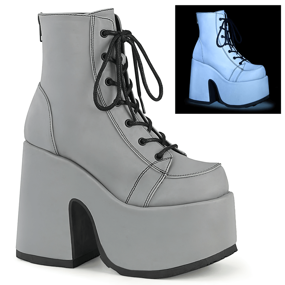 DEMONIA Chunky Heels Reflective Ankle Boots with Zip Back