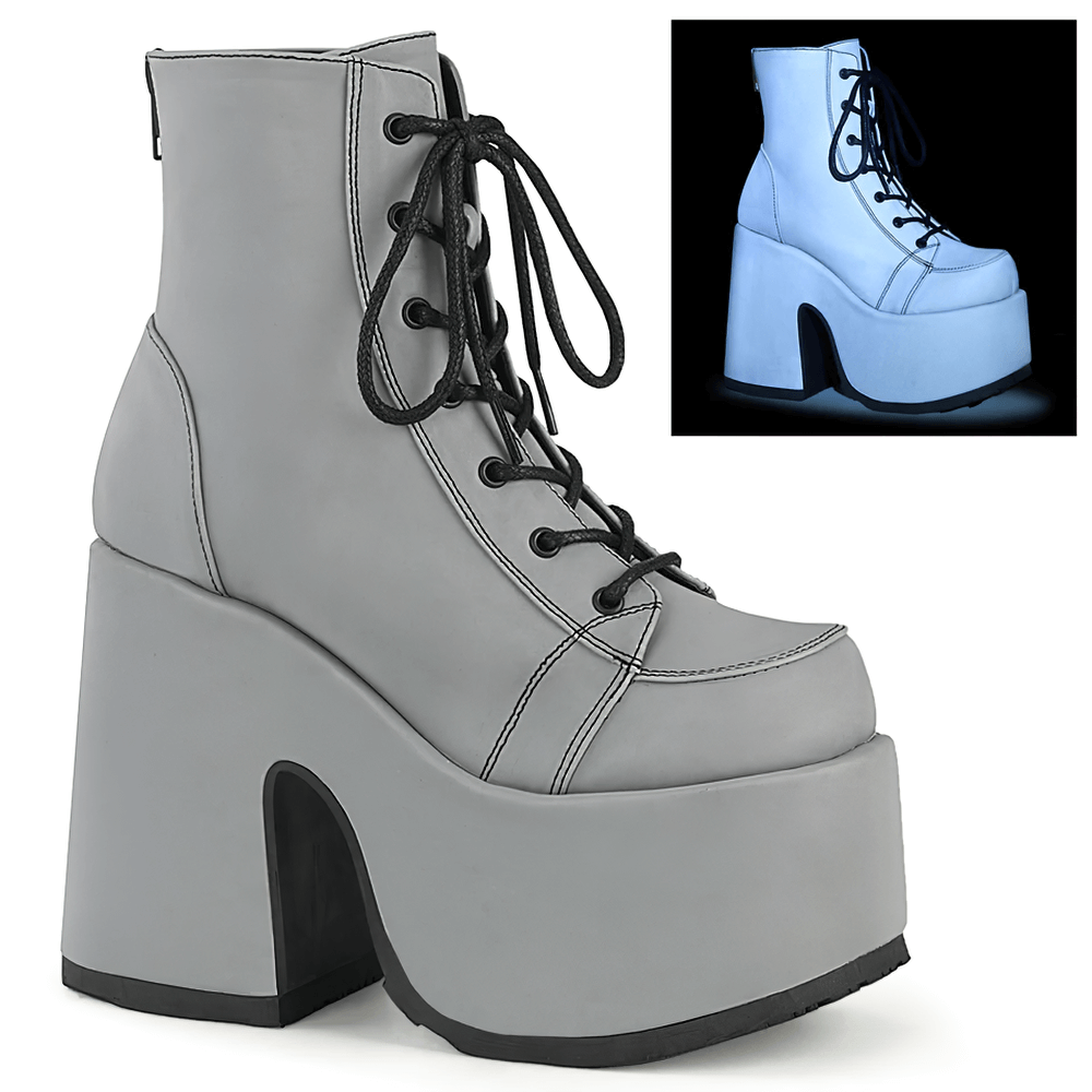 Stylish gray chunky platform ankle boots with reflective vegan leather and lace-up front, perfect for bold fashion statements.