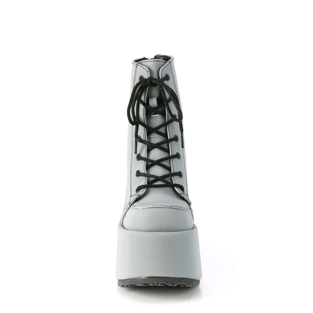 Front view of DEMONIA chunky heel gray ankle boots with lace-up design and zip back for easy wear.