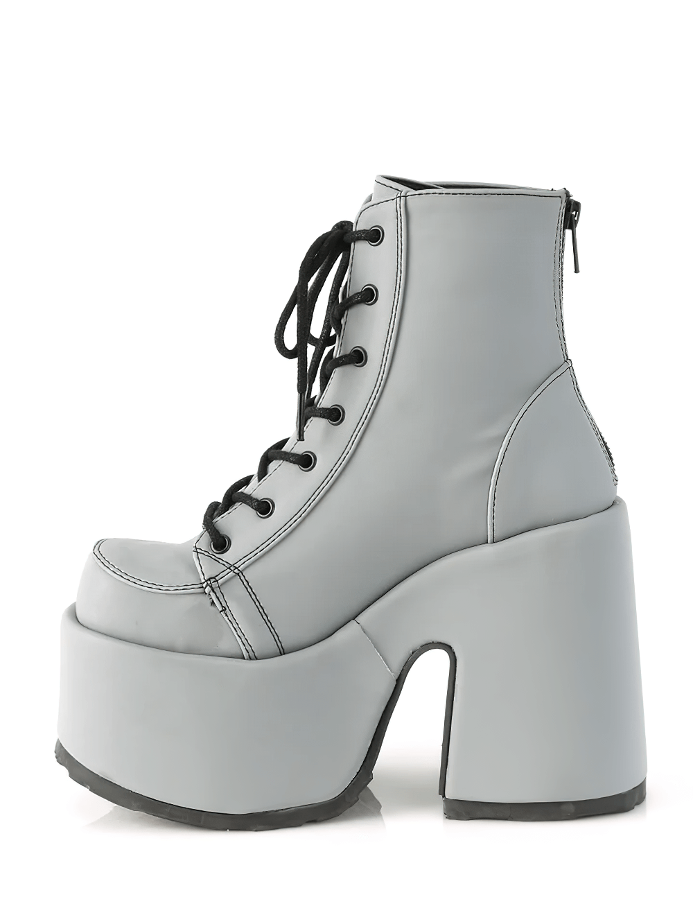 Gray chunky heel reflective ankle boots with lace-up front and back zip, perfect for trendy fashion looks.