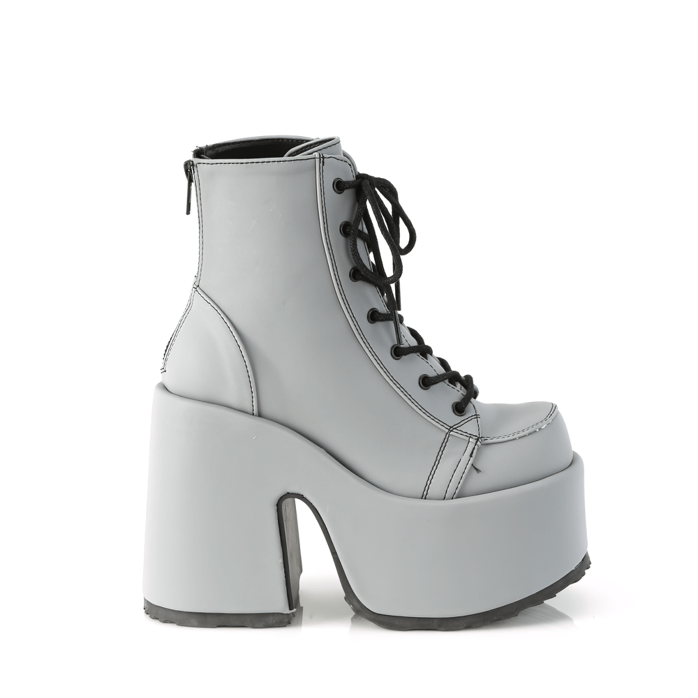 Gray chunky heels reflective ankle boots with zip back and lace-up detail, perfect for a bold fashion statement.