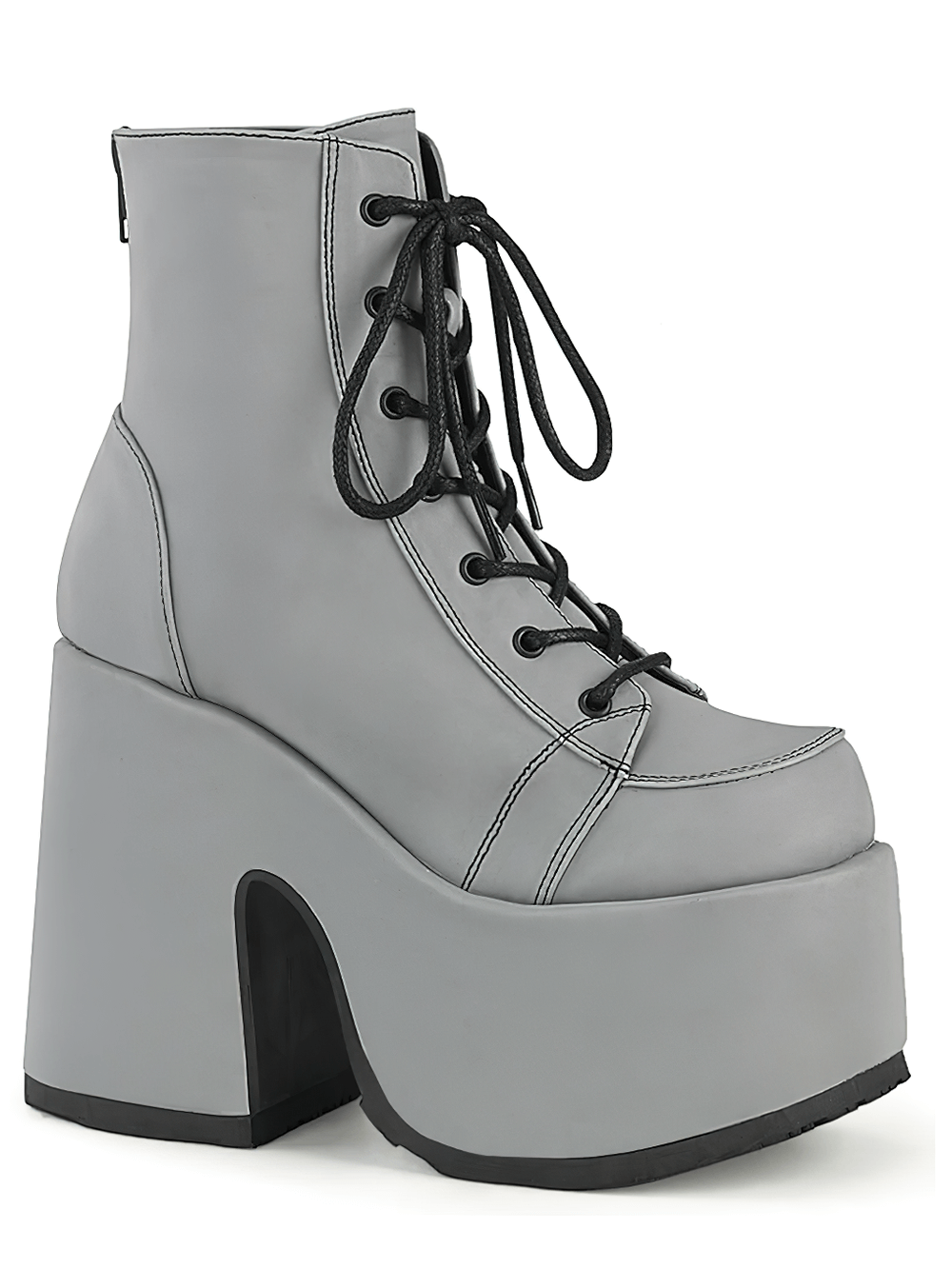 Demonia chunky heels gray vegan leather ankle boots with lace-up front and back zip, showcasing a dramatic 5-inch heel.