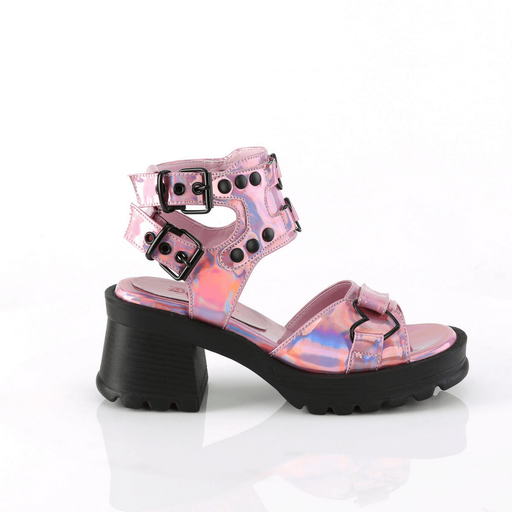 DEMONIA Chunky Pink Holo Sandals with Heart and Studs