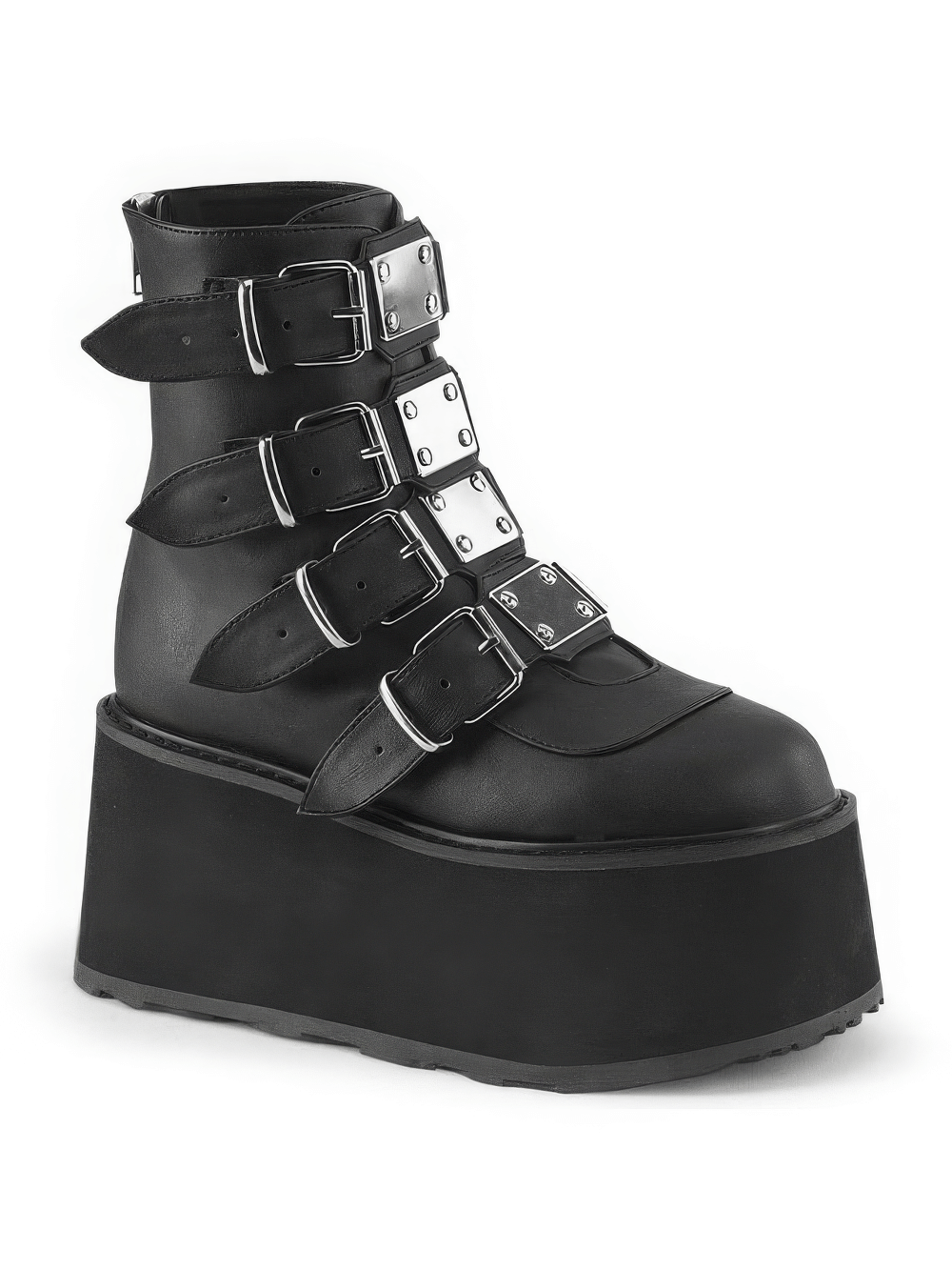 Demonia chunky platform ankle boots with adjustable buckles and metal accents for edgy style.