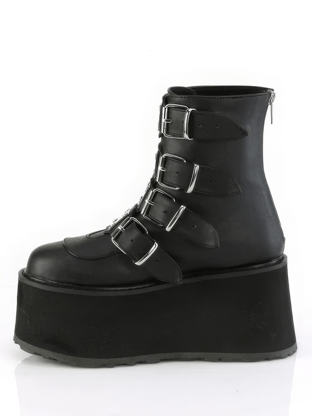 Demonia chunky platform ankle boots with back zip and buckle straps for an edgy style.