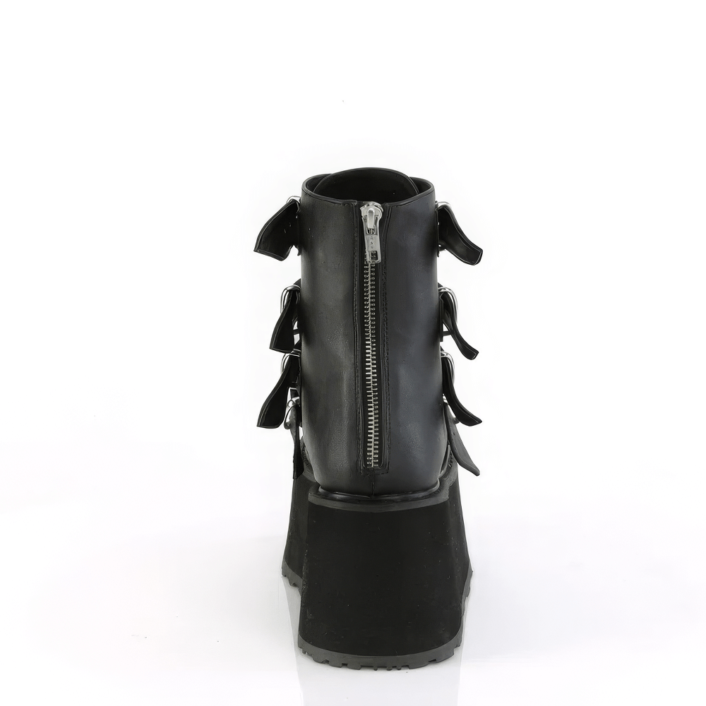 Back view of DEMONIA chunky platform ankle boots with zip closure and buckle accents, showcasing edgy style.