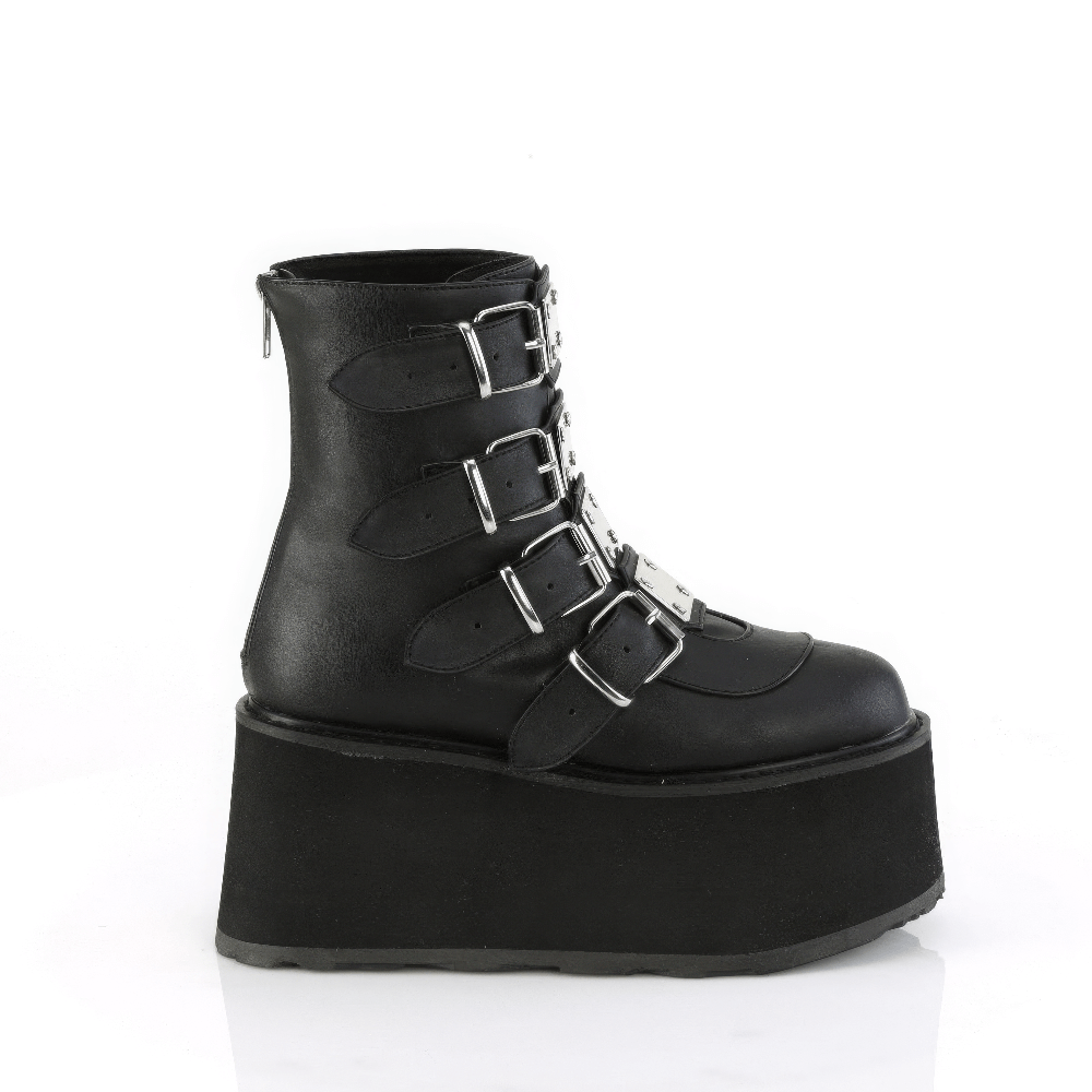 Demonia chunky platform ankle boots with metal plates and adjustable buckle straps, stylish and edgy design.