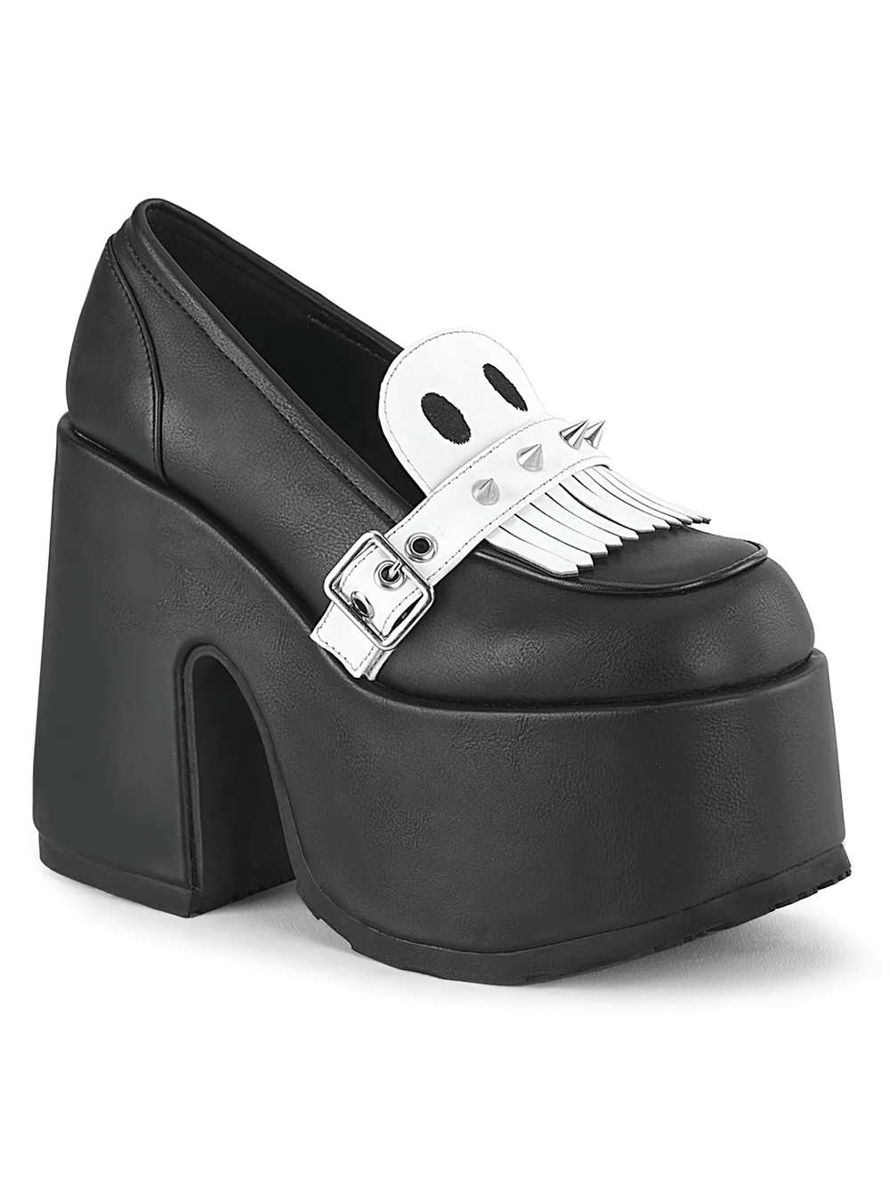 Demonia chunky platform loafers in black vegan leather with white skull detail and silver spikes.