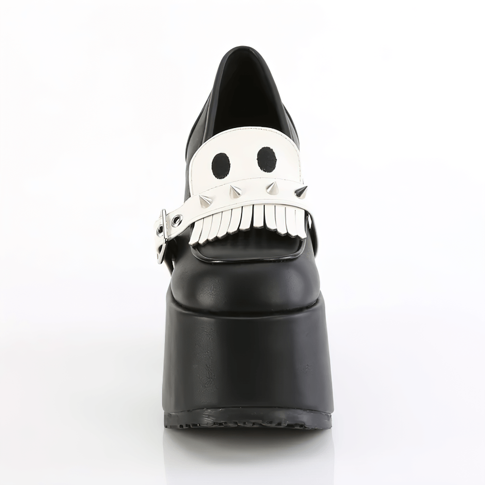 Stylish black Demonia platform loafers with white skull design and silver spikes, perfect for edgy fashion lovers.