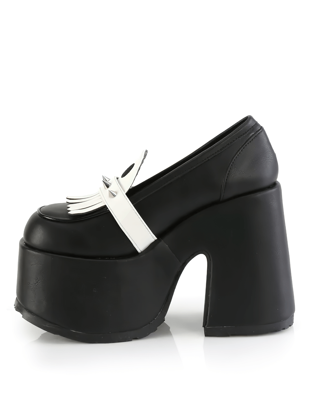 Stylish Demonia black chunky platform loafers with silver spikes detail and a bold 5-inch heel.