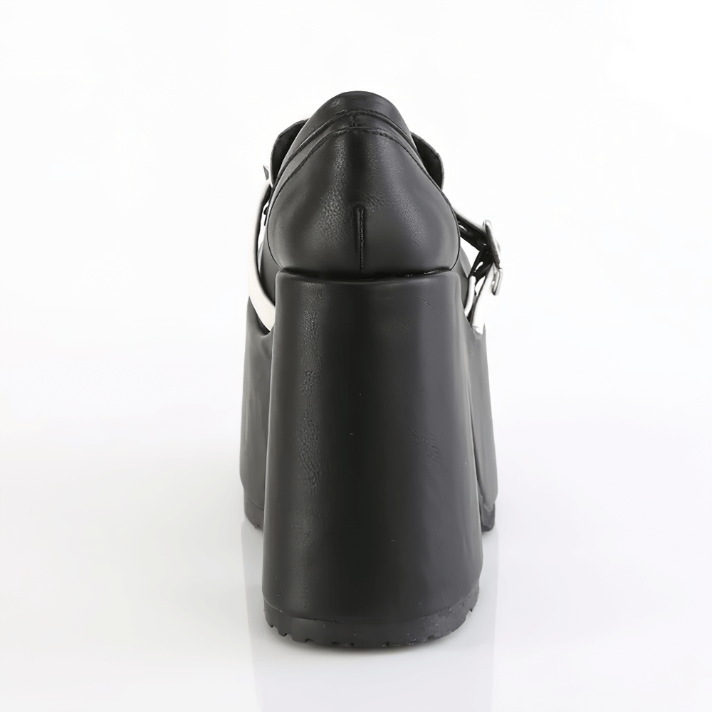 Back view of DEMONIA women's black platform loafers with chunky heel and sleek vegan leather design.