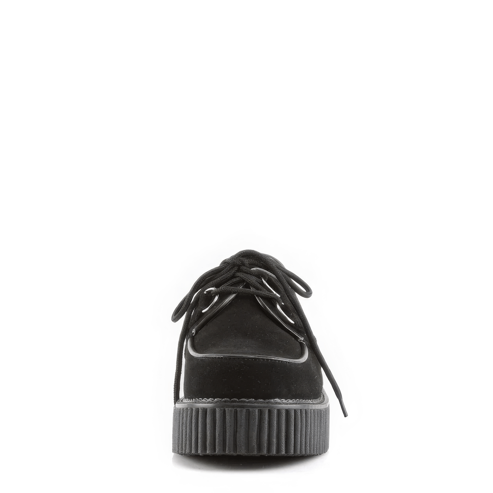 Black suede lace-up creepers with platform, perfect for goth and rockabilly styles.