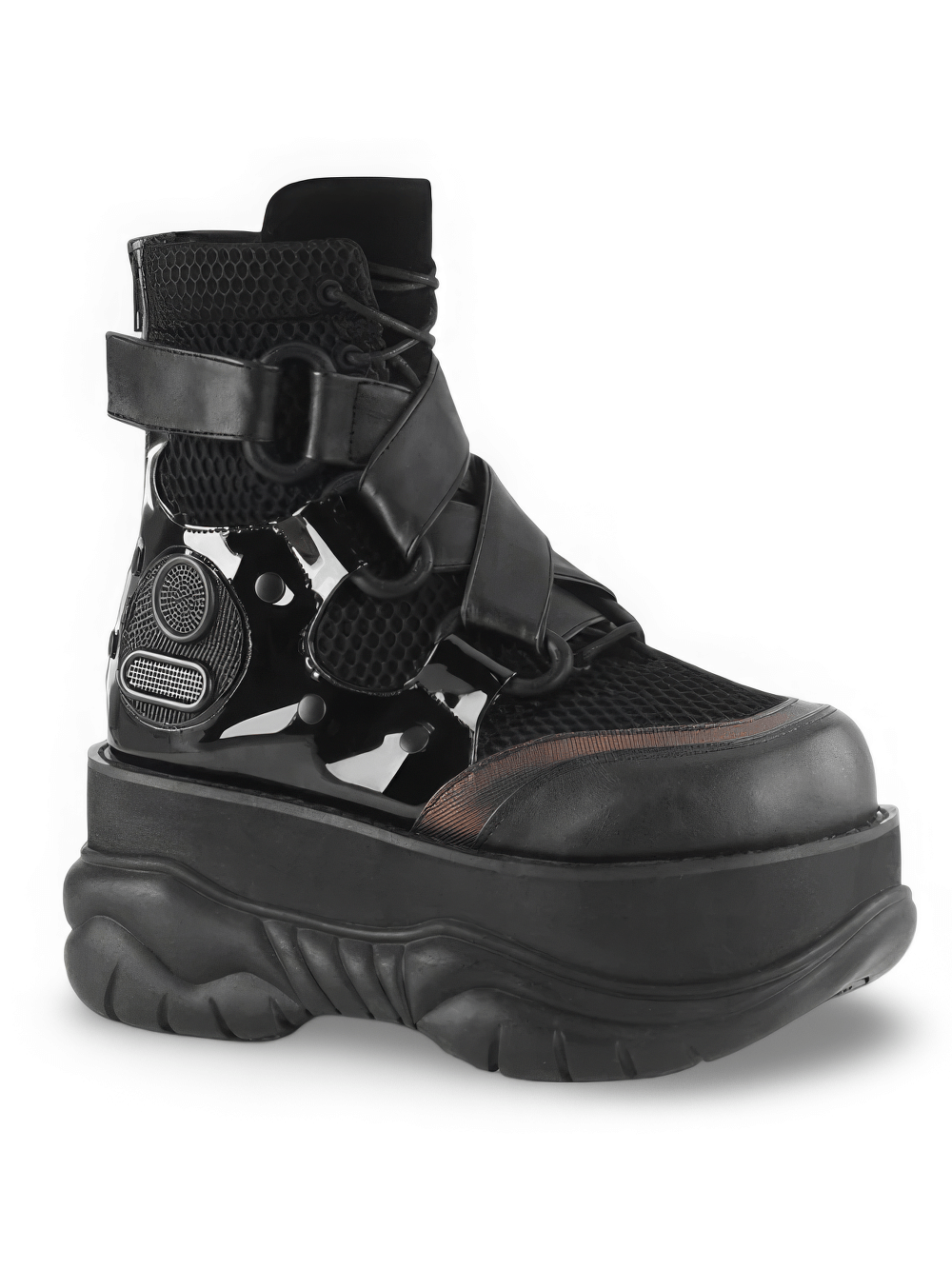 Demonia Cyberpunk Ankle Boots with criss-cross straps and ventilation details, featuring a bold 3" platform.