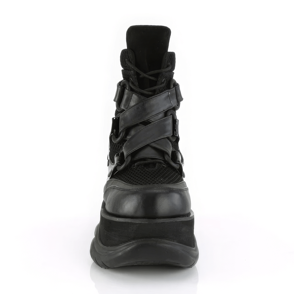 Futuristic Demonia Cyberpunk ankle boots with criss-cross straps and a bold platform design.