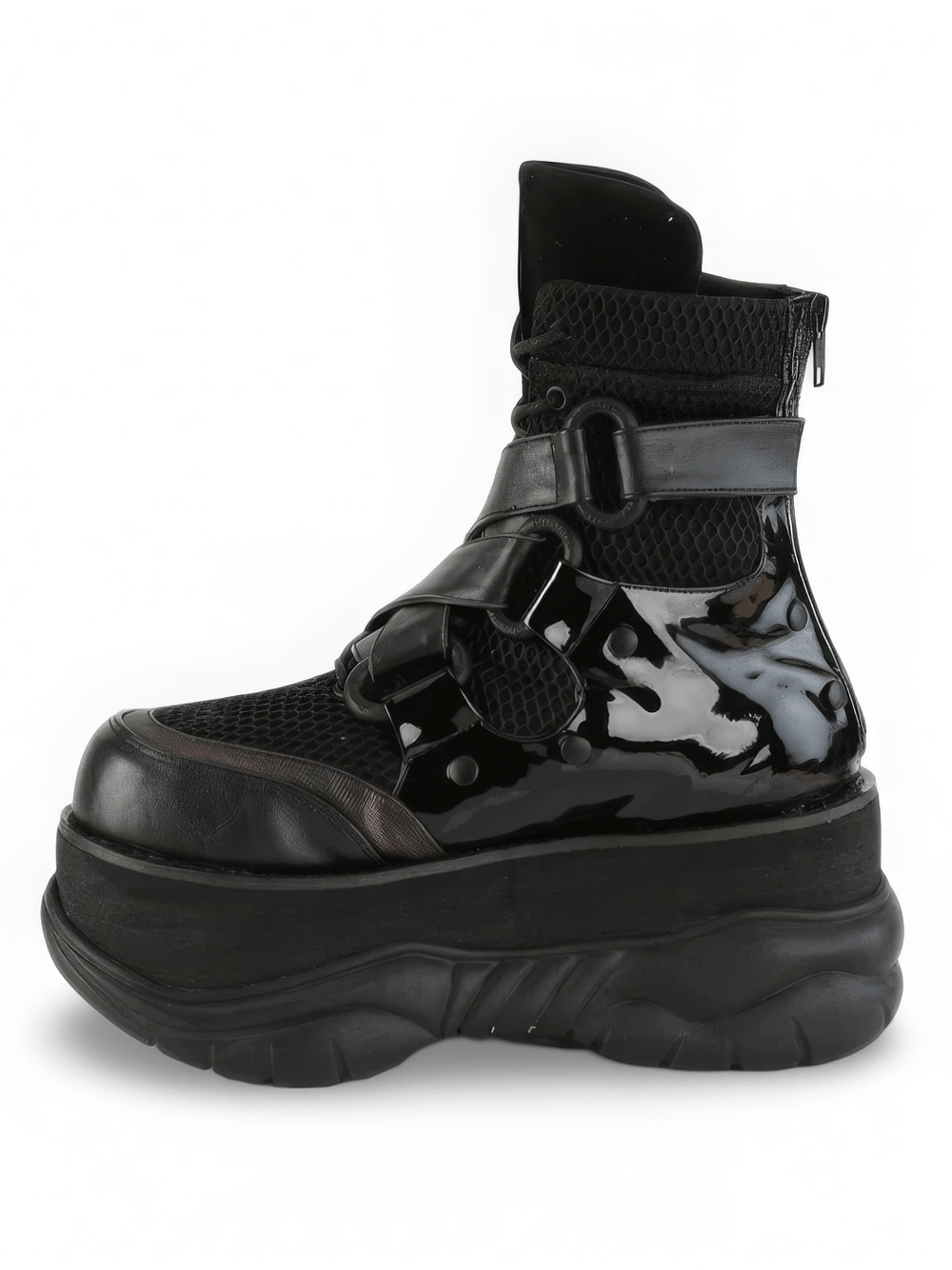Demonia Cyberpunk ankle boots with criss-cross straps and ventilation details, featuring a bold 3" platform and sleek black design.
