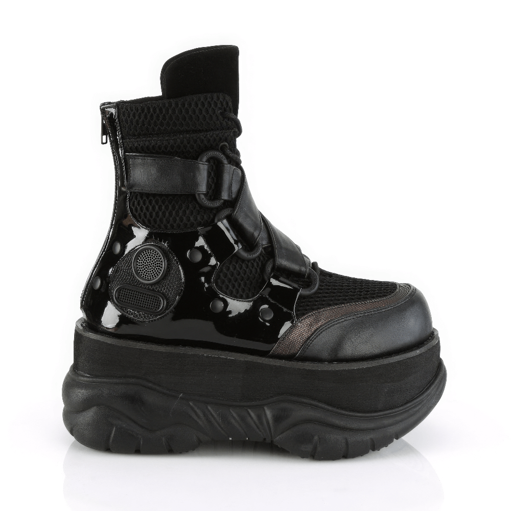 Demonia Cyberpunk ankle boots featuring criss-cross straps and a bold 3" platform for a futuristic style.