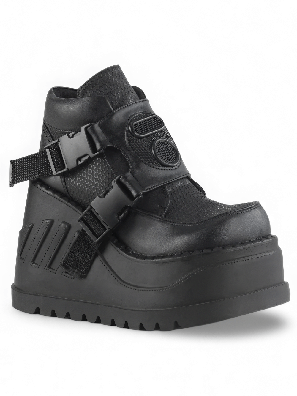 Edgy black cyberpunk platform boots with snap buckles and industrial design, featuring a 4.75-inch platform.