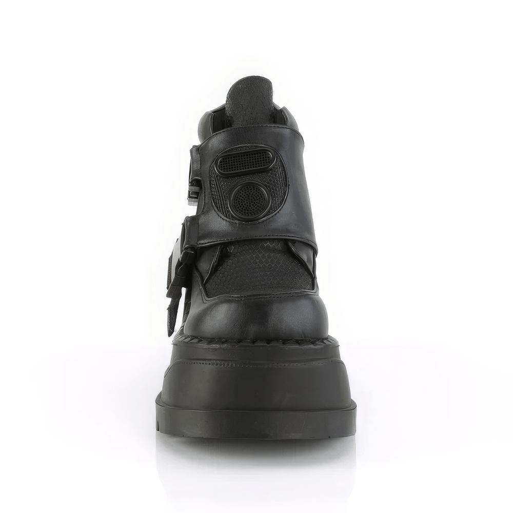 Demonia cyberpunk platform boots in black with snap buckles and industrial design, featuring a 4.75-inch platform.