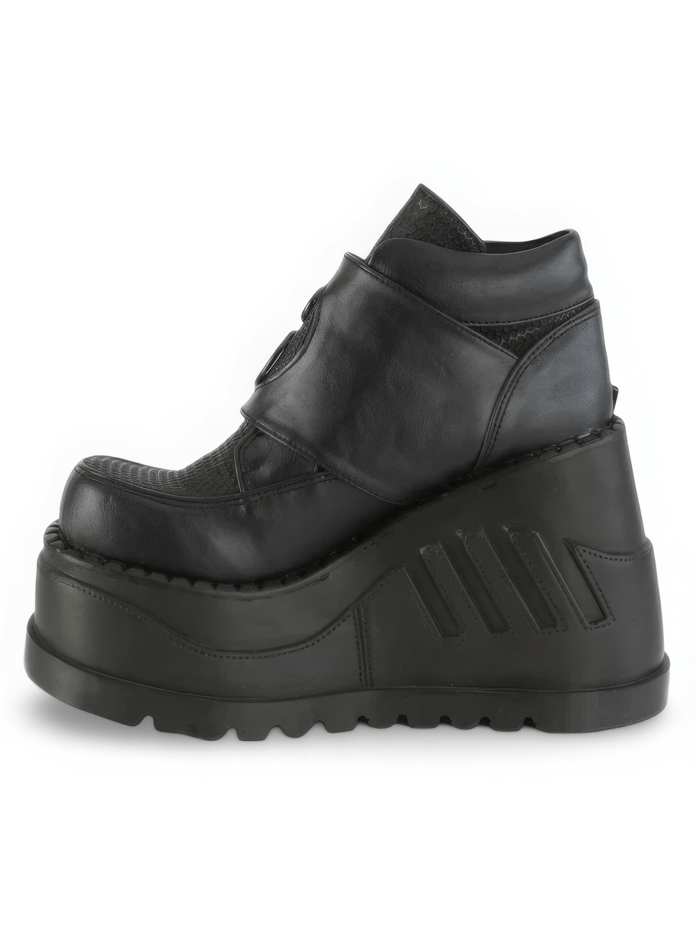 Demonia cyberpunk platform boots in edgy black with snap buckles and thick industrial sole.