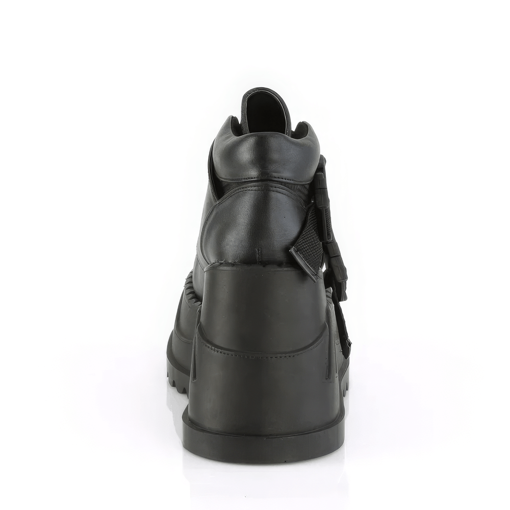 Back view of Demonia Cyberpunk black platform boots with snap buckles and industrial design.