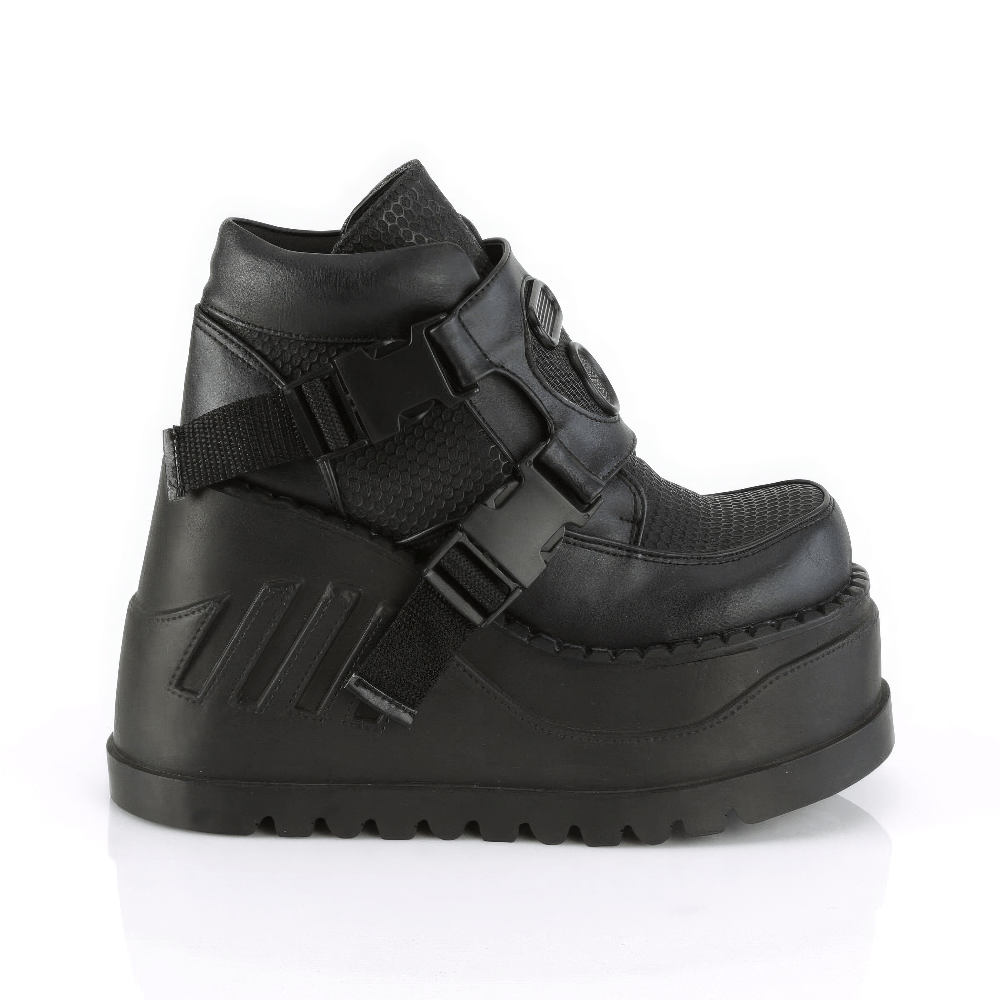 Edgy black Demonia cyberpunk platform boots with snap buckles and industrial design, featuring a 4.75-inch platform.