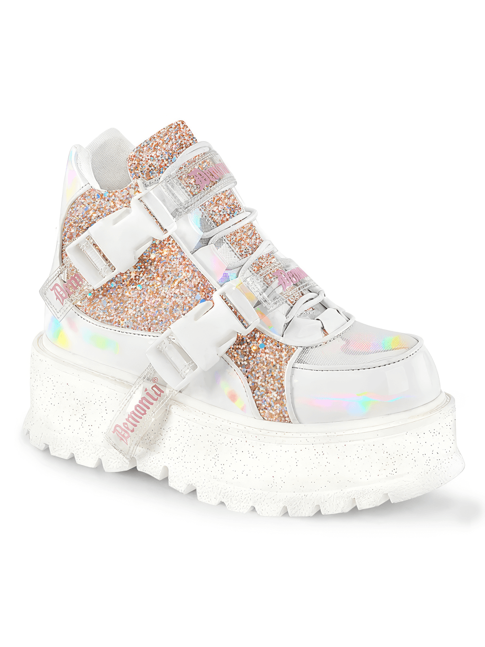 Dazzling Demonia platform ankle boots with pink glitter and holographic shine, featuring lace-up design and buckle straps.