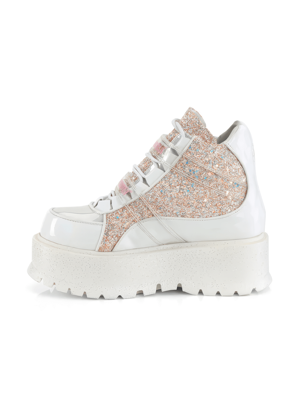 Dazzling white holographic ankle boots with pink glitter, lace-up design, and chunky platform sole.