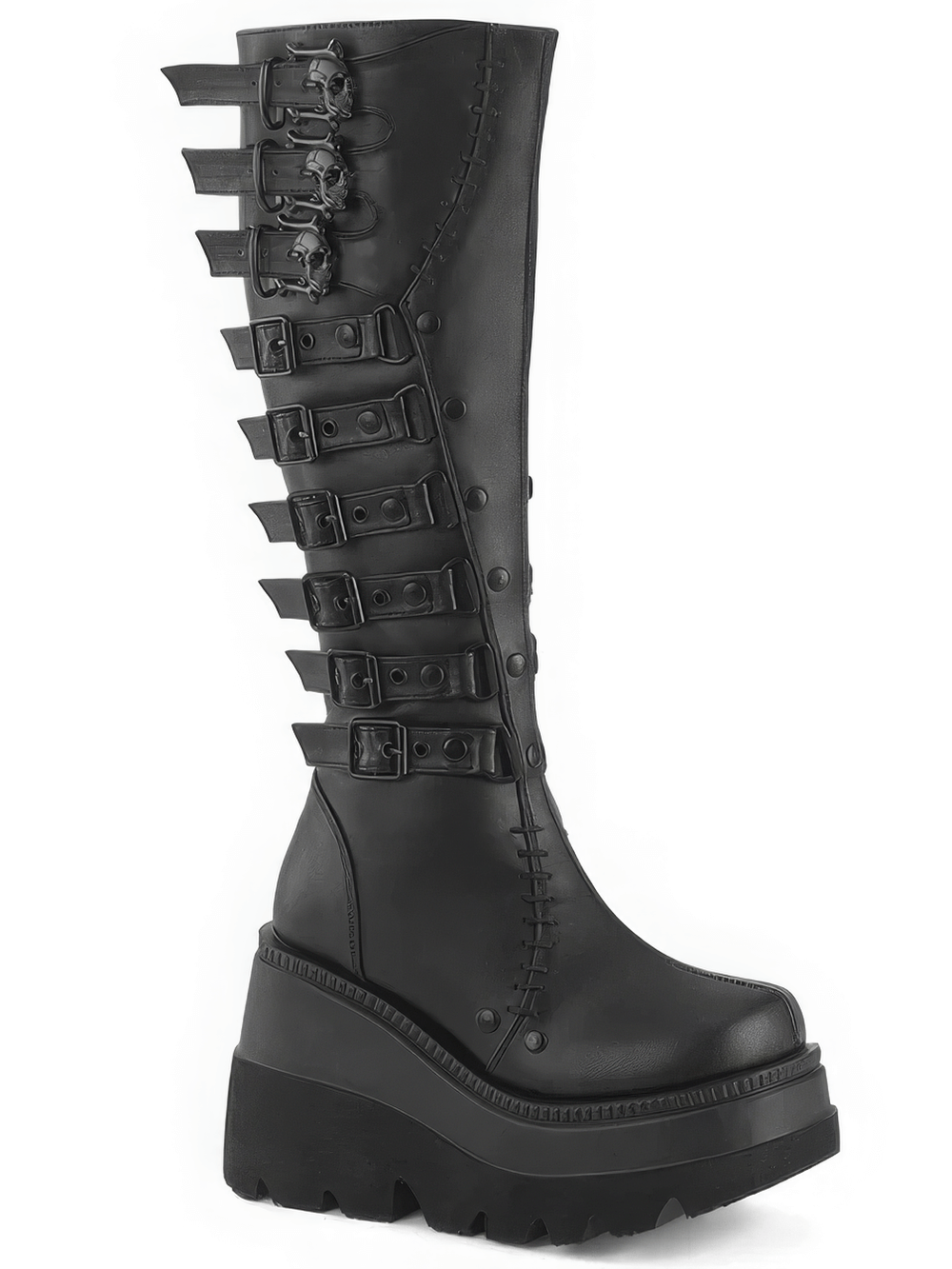 DEMONIA Dramatic Knee-High Boots with Skull Buckles