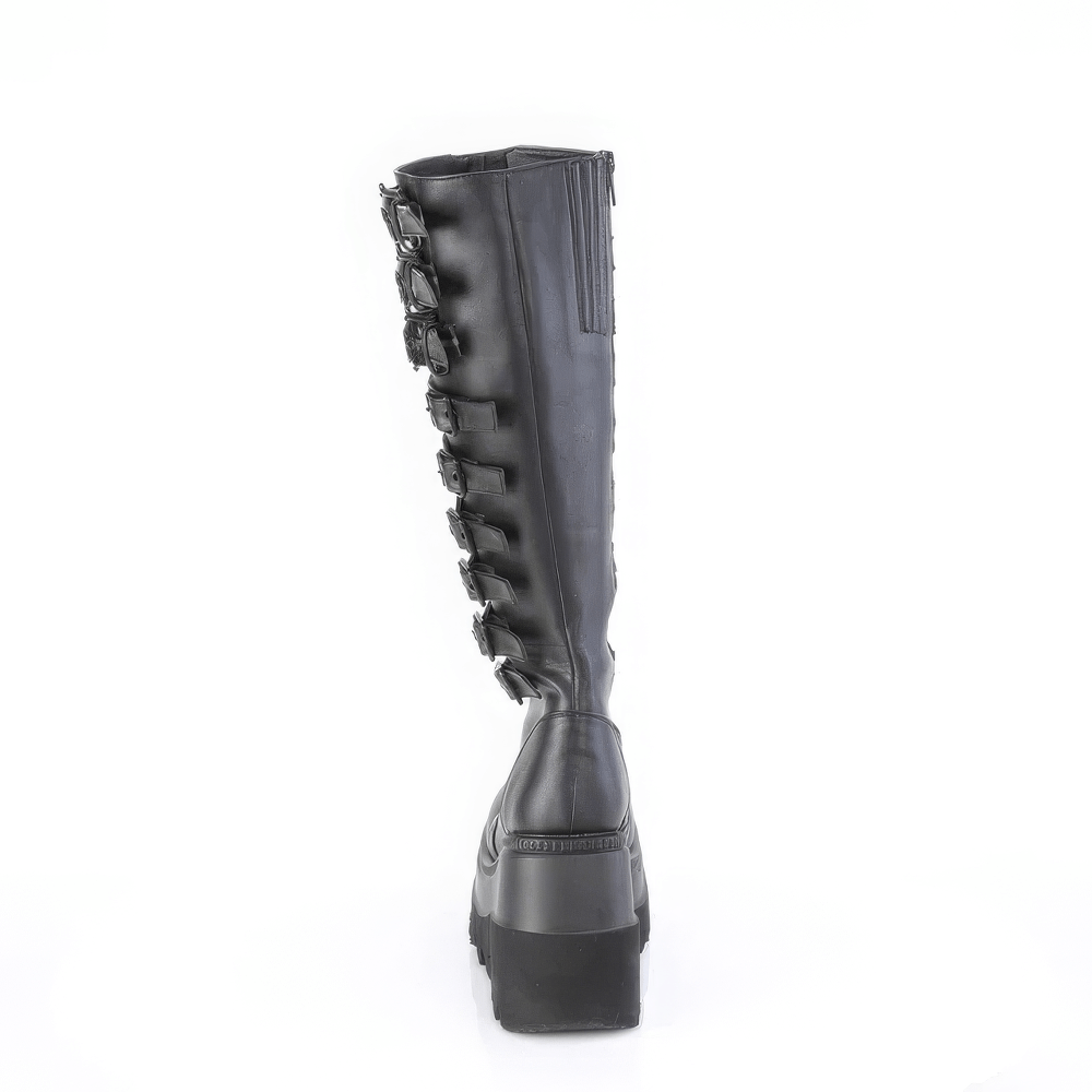 DEMONIA Dramatic Knee-High Boots with Skull Buckles