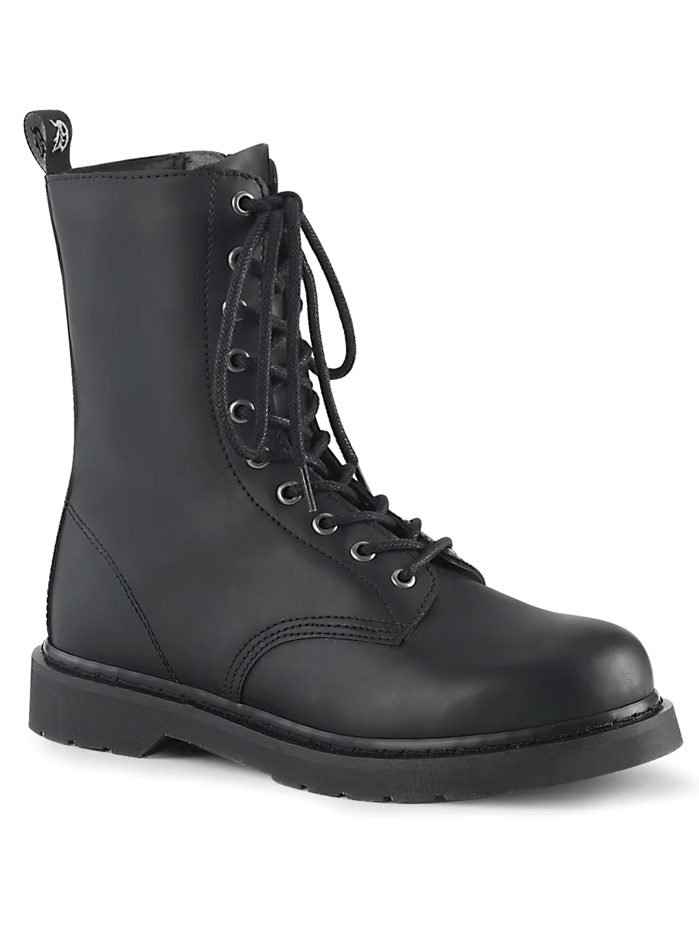 Demonia eco-friendly lace-up vegan boots with zip closure, stylish mid-calf design and 10-eyelet laces.