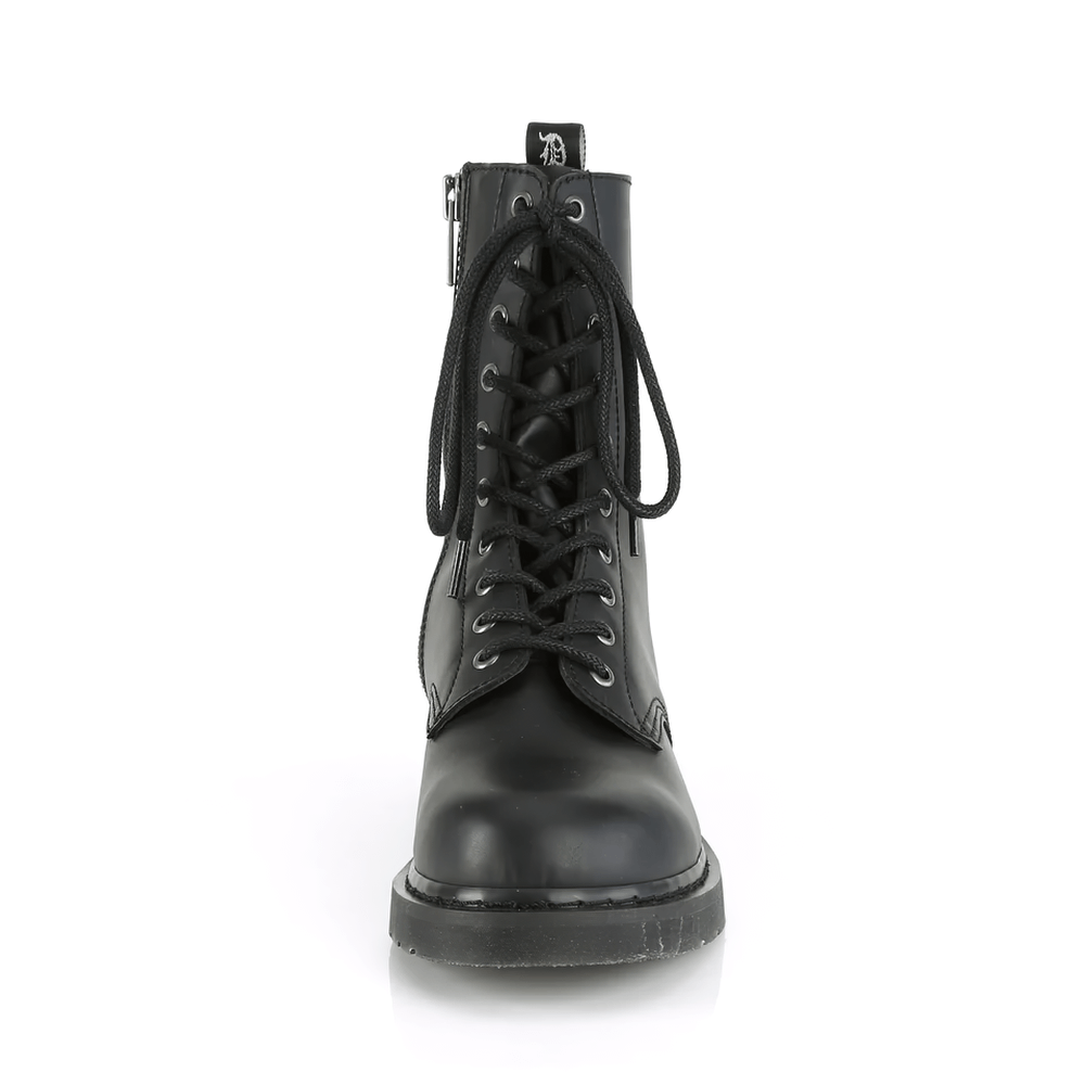 Front view of DEMONIA eco-friendly black lace-up vegan boots with zip closure and flat heel.