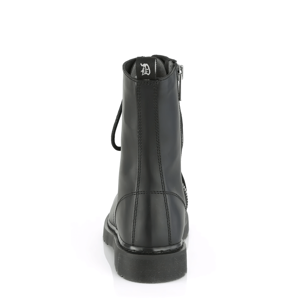 Back view of DEMONIA eco-friendly vegan lace-up mid-calf boots with zip closure for stylish comfort.