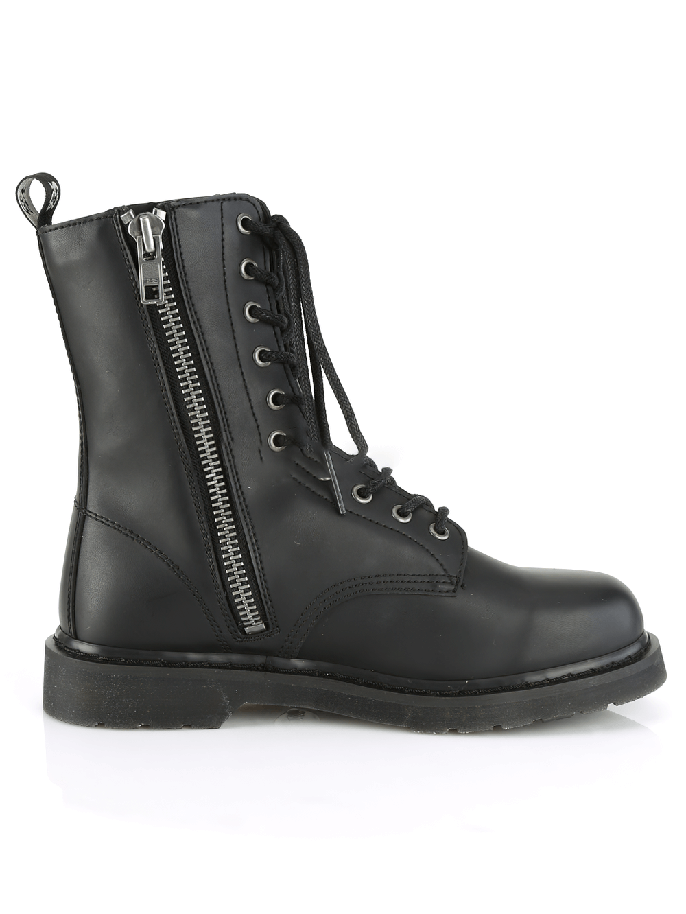 Demonia Eco-Friendly Lace-Up Vegan Boots with Zip Closure, stylish mid-calf design, perfect for bold lifestyles.