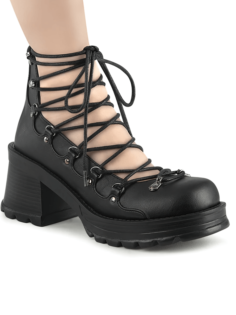 Demonia black ankle boot with chunky heel and lace-up front, featuring vegan leather and platform sole for edgy style.