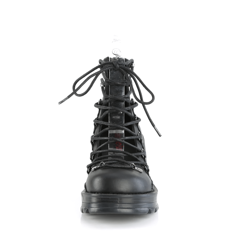 Demonia black ankle boot with chunky heel and D-ring lace-up front, featuring sustainable vegan leather construction.