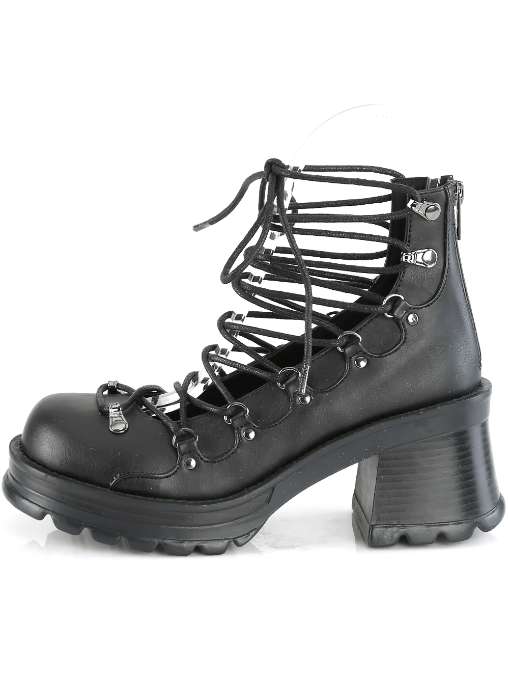 DEMONIA Edgy Black Ankle Boot with Chunky Heel and Zip