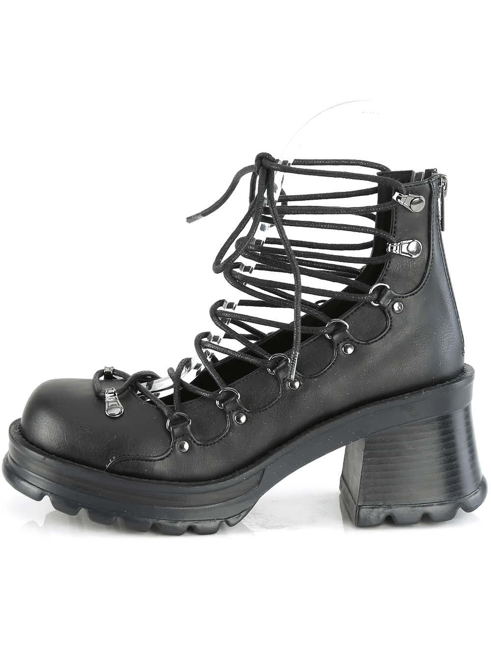 Demonia edgy black ankle boot with chunky heel, lace-up front, and back zip in vegan leather.