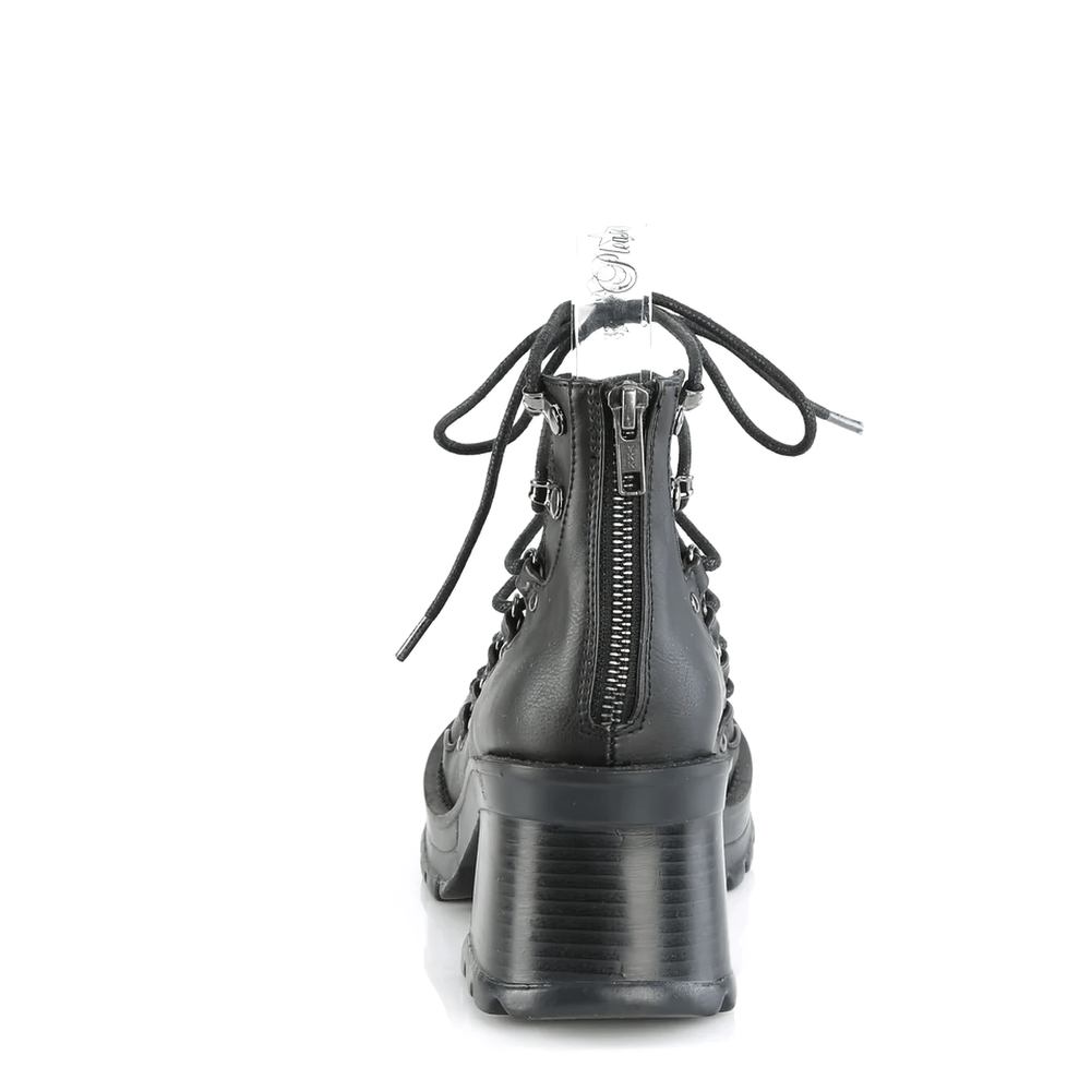Back view of DEMONIA vegan leather black ankle boot with chunky heel and lace-up design.