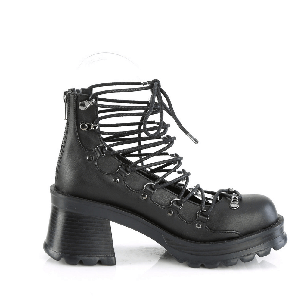 Demonia edgy black ankle boots with chunky heel, D-ring lace-up detail and back zip closure, crafted from vegan leather.