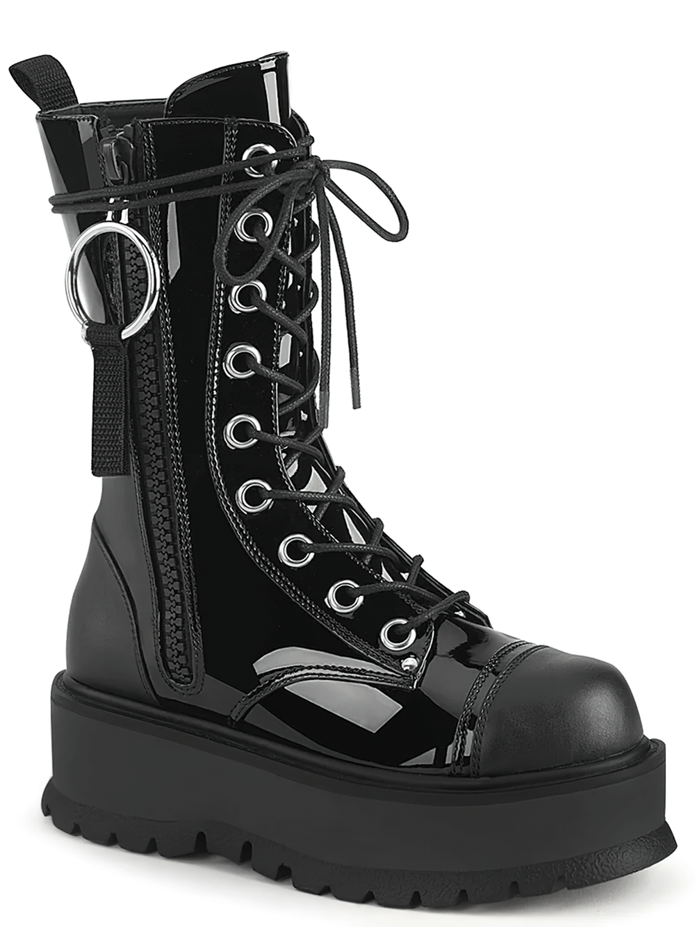 Demonia edgy black lace-up mid-calf platform boots with O-ring zipper pull, sleek and stylish for bold fashion.