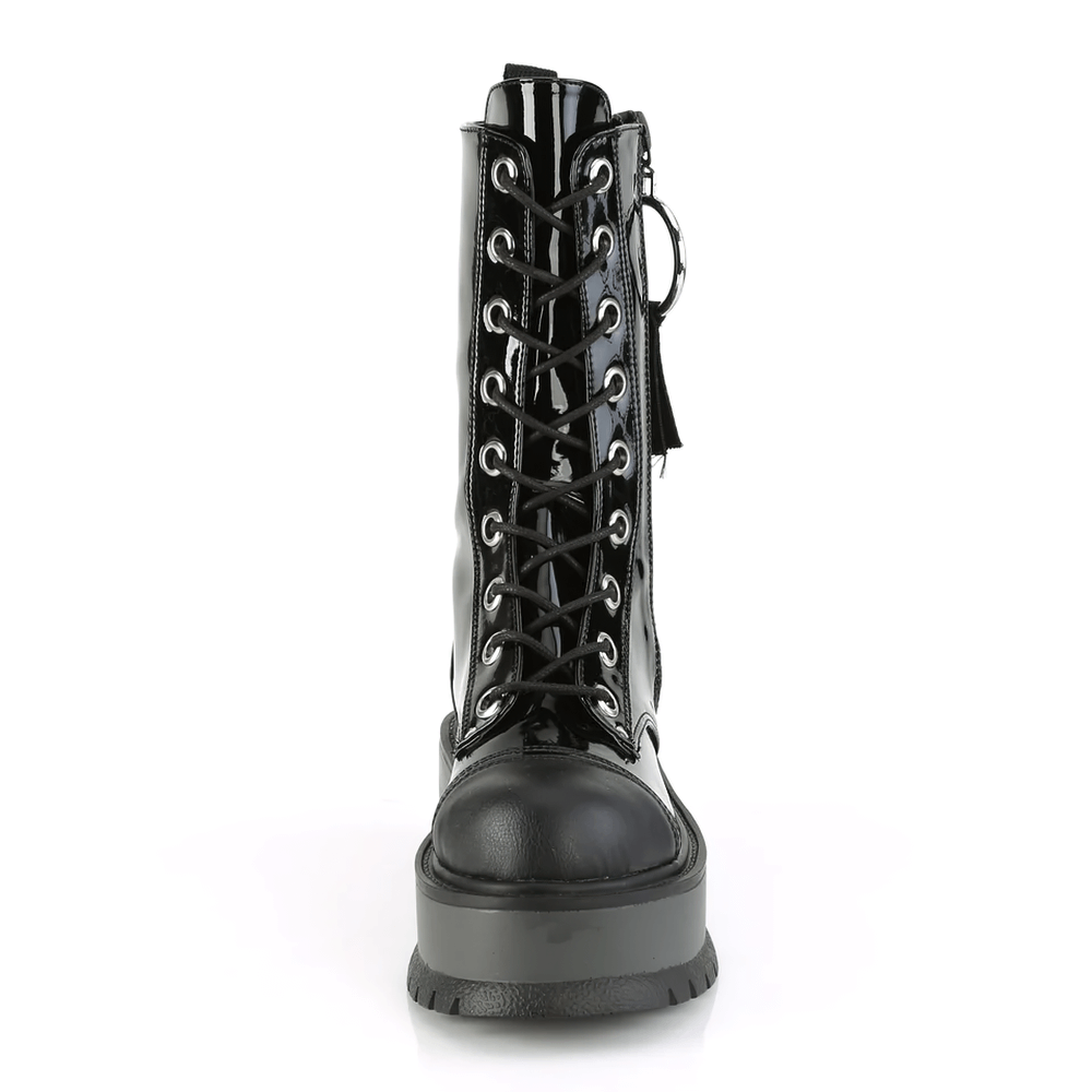 Edgy black lace-up mid-calf platform boots with O-ring zipper pull for easy wear and bold style.